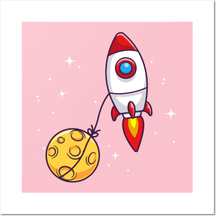 Rocket Flying With Moon In Space Cartoon Posters and Art